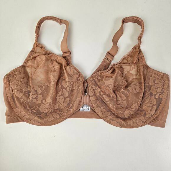 Glamorise Lacey T Back Front Close Wonderwire Underwire Bra 42F Dark Nude Beige - Picture 2 of 5
